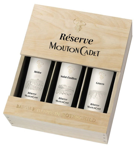 TRIO Mouton Cadet Réserve Baron Philippe de Rothschild caisse bois